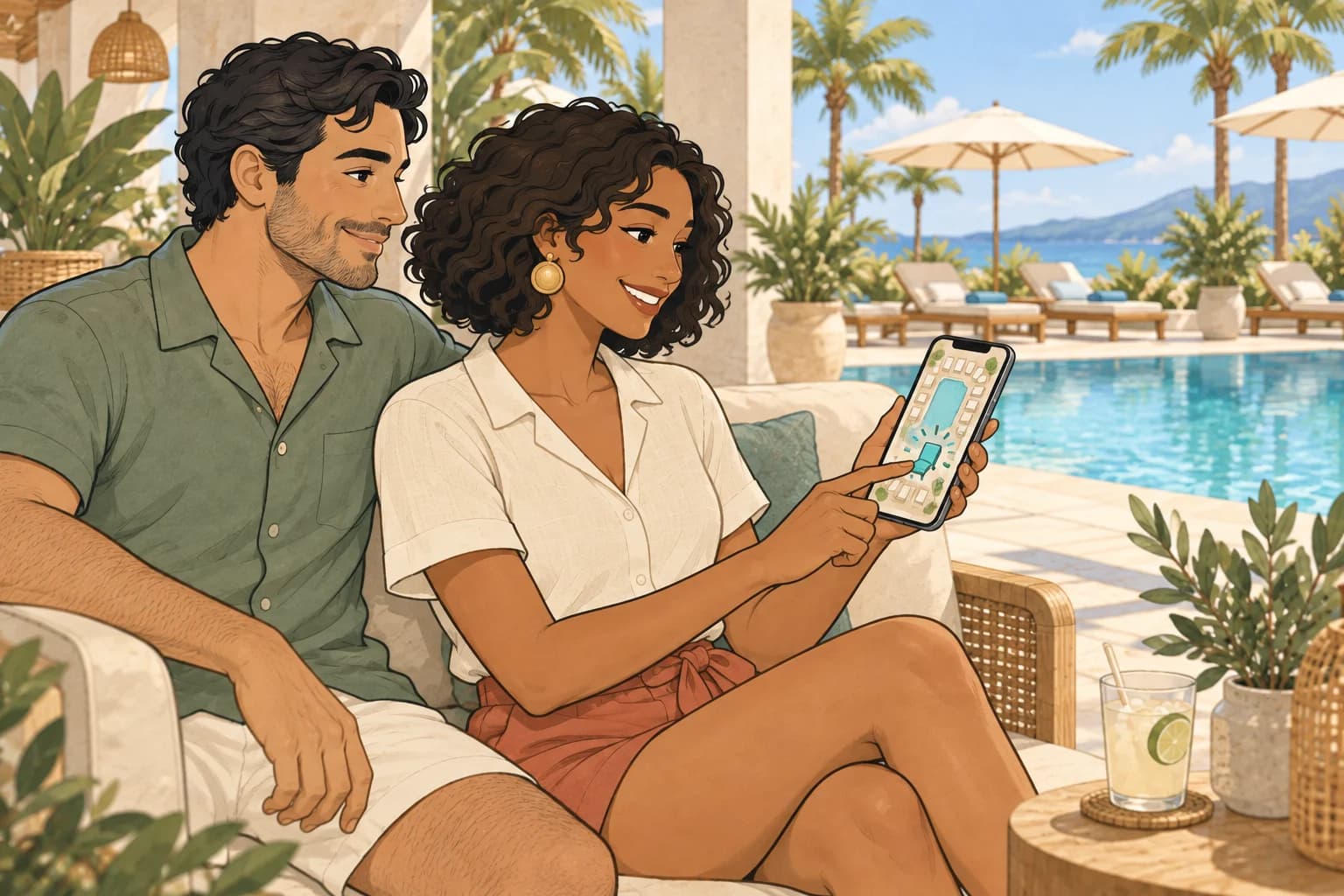 The same guest books a poolside station on her phone while sitting with her partner.