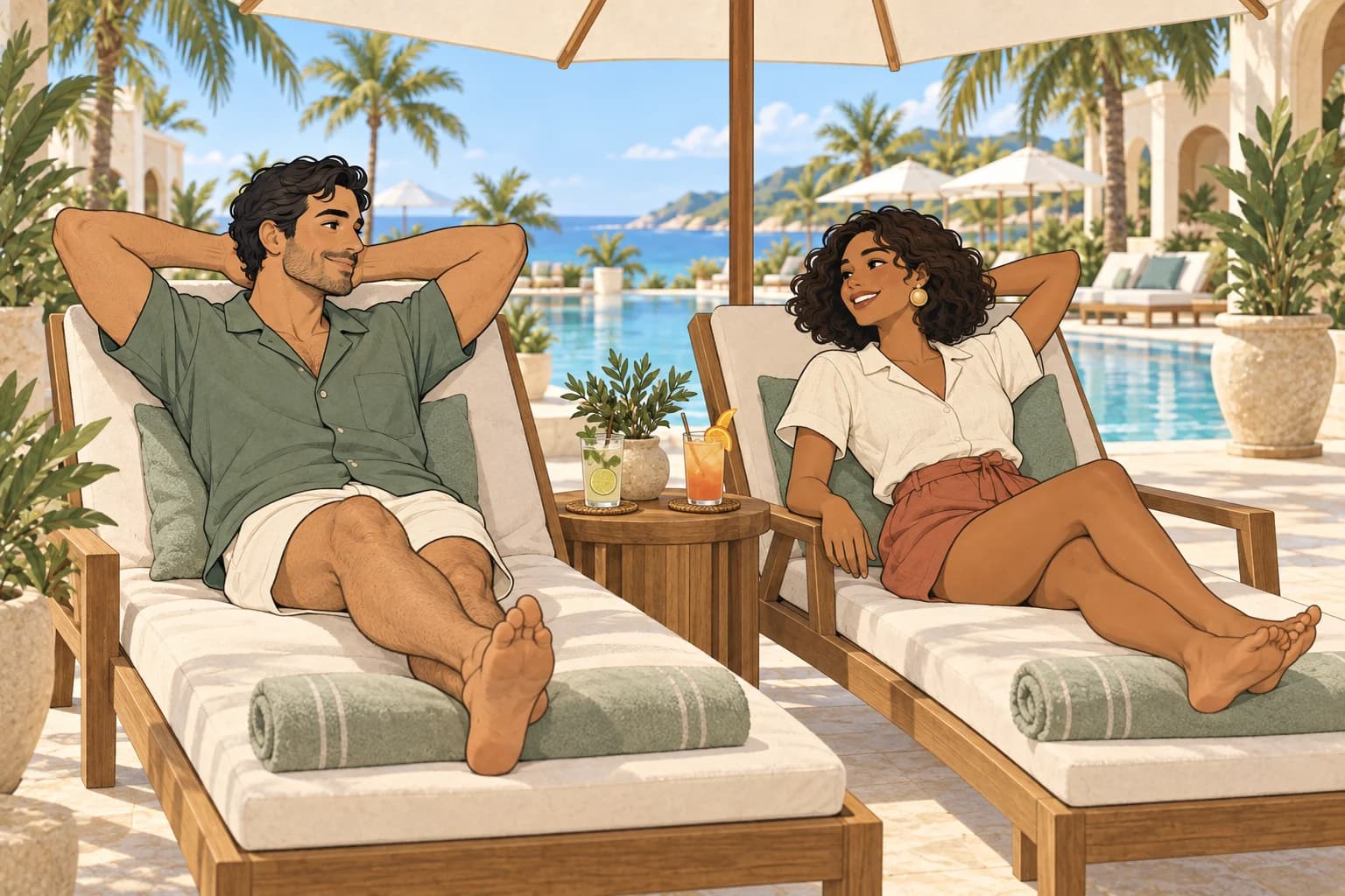 The same couple relaxes on cushioned deck chairs under a parasol beside the pool.